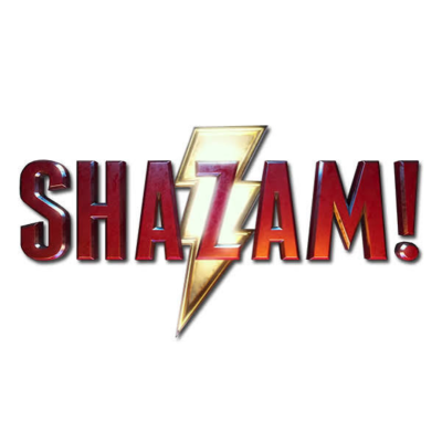 Logotipo SHAZAM! com letra vermelha e raio dourado iluminado