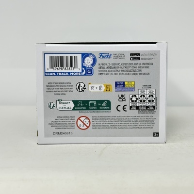 Caixa branca com etiquetas de reciclagem e código de barras na parte traseira