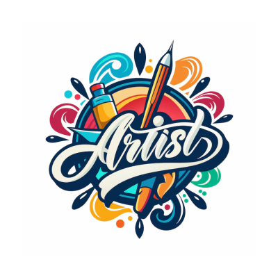 Design colorido com tubo de tinta, pincel, lápis e texto Artist