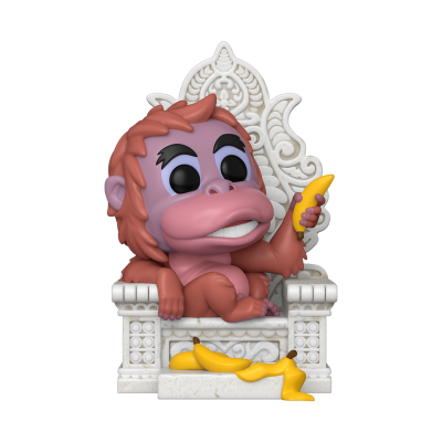 Figura de vinil de macaco laranja sentado num trono branco com bananas