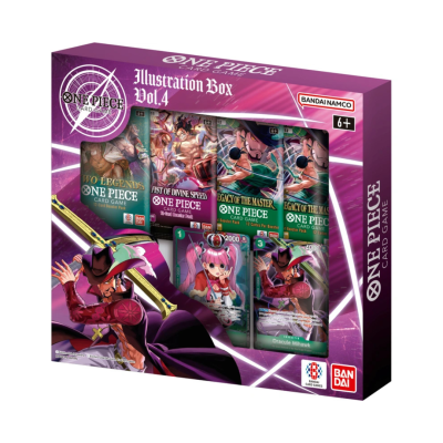 Caixa roxa da coleção ONE PIECE Illustration Box Vol.4 com cartas de jogo coloridas visíveis