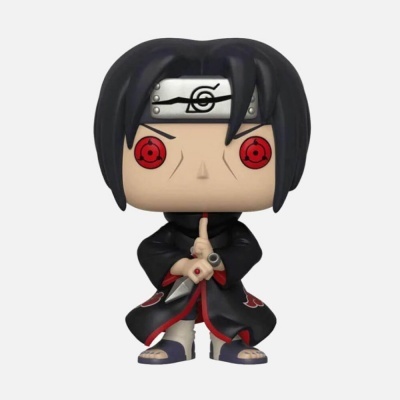 Boneco Funko Pop de Itachi Uchiha com roupa preta e olhos vermelhos