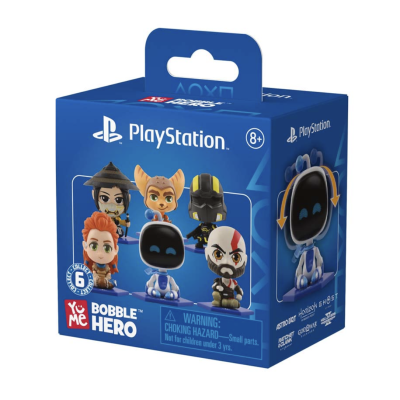 Caixa azul de brinquedo PlayStation Bobble Hero com seis figuras colecionáveis