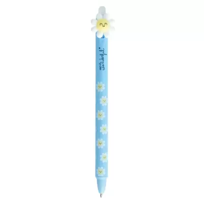 Caneta azul com flores brancas sorridentes e flor maior no topo