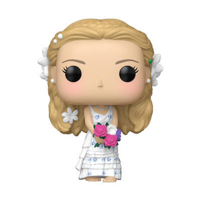 Boneca Funko Pop de mulher loira com vestido branco e flores segurando ramo de flores