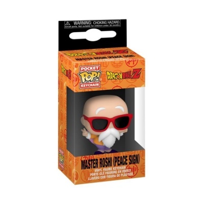 Chaveiro Pocket Pop vinil Master Roshi com óculos vermelhos e barba dentro de caixa laranja Dragon Ball Z