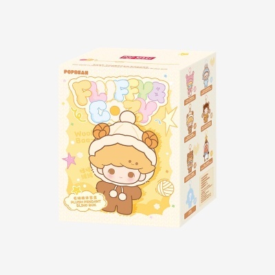 Embalagem de caixa com desenho de peluche vestido de carneiro e texto colorido