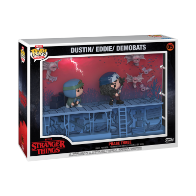 Embalagem Funko Pop! com figuras Dustin, Eddie e Demobats de Stranger Things