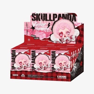 Expositor de colecionáveis SKULLPANDA com figura de panda cor-de-rosa e vermelho