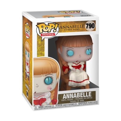Figura colecionável Annabelle em caixa de vinil com vestido branco e detalhes vermelhos