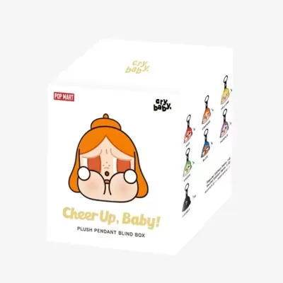 Caixa branca de brinquedo colecionável Cheer Up, Baby! com imagem de pendente de pelúcia