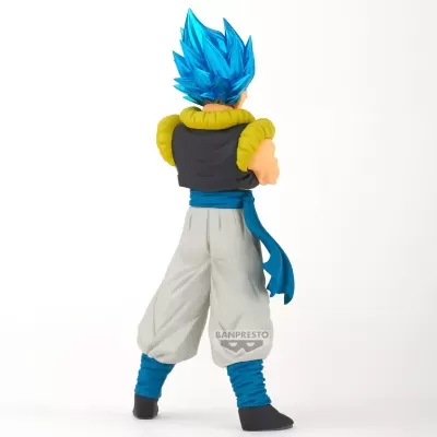 Figura de ação com cabelo azul pontiagudo e roupa colorida vista de costas
