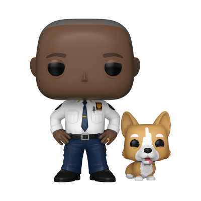Figura Funko Pop de homem com uniforme e cão pequeno castanho e branco