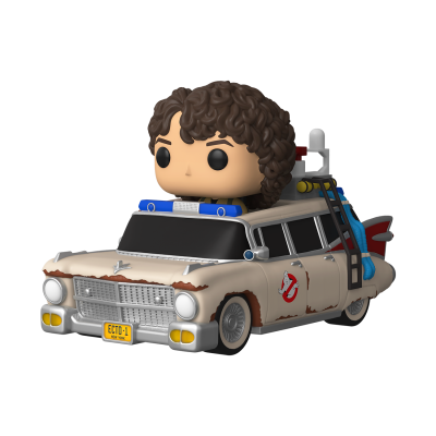 Figura Funko Pop do carro Ecto-1 dos Ghostbusters com personagem de cabelos encaracolados no teto