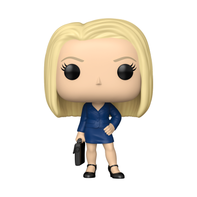 Figura Funko Pop loira com roupa azul e pasta preta