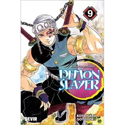 Capa do manga Demon Slayer volume 9 com personagem masculino de cabelo branco e tatuagens
