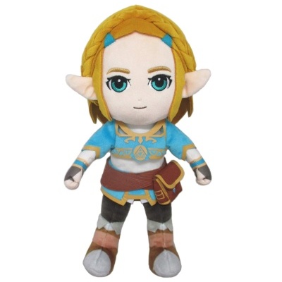 Peluche de personagem com roupa azul e castanha e cabelo loiro