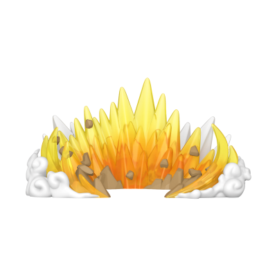 Efeito gráfico de explosão com chamas amarelas e fragmentos.