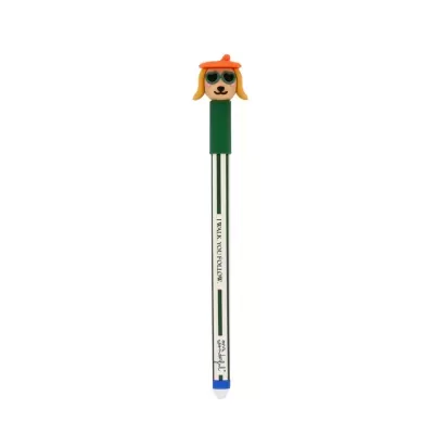 Caneta com personagem de cão no topo com boina laranja e óculos verdes