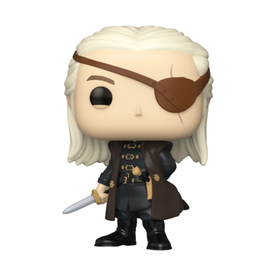 Boneco Funko Pop de personagem com cabelo branco e tapa-olho castanho