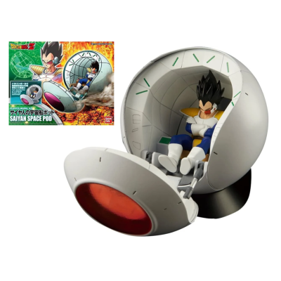 Figura Vegeta sentado dentro de cápsula espacial Saiyan cinza com interior branco e vidro vermelho