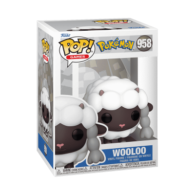 Funko Pop! Pokémon Wooloo vinil branco e preto na embalagem