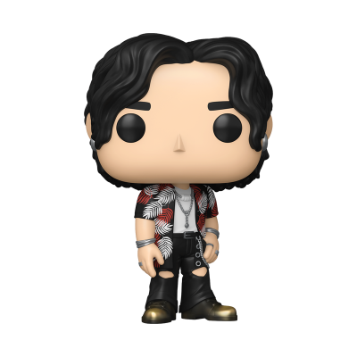 Figura Funko Pop com camisa preta com folhas brancas e vermelhas e calças pretas com buracos.