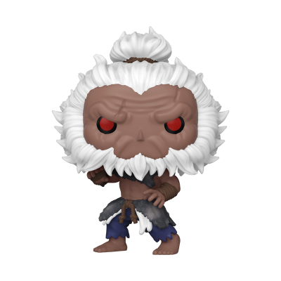 Figura Funko Pop personagem pele castanha cabelo e barba brancos olhos vermelhos roupa azul e cinzenta