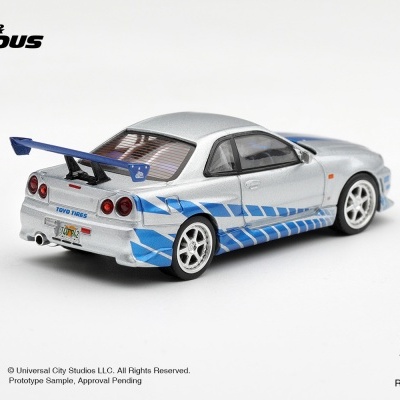 Miniatura de carro Fast & Furious prateado com decalques azuis