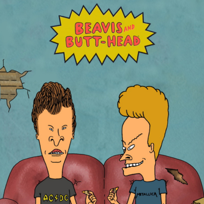 Desenho animado de Beavis e Butt-Head sentados num sofá vermelho rasgado com t-shirts de bandas