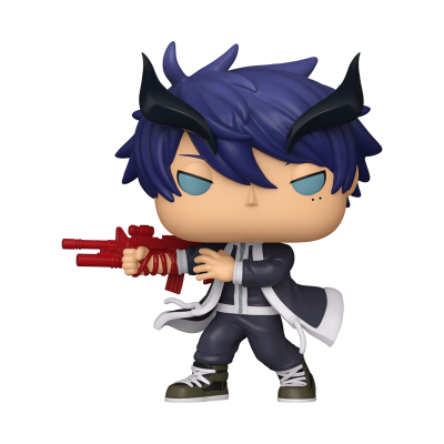 Figura Funko Pop de personagem com cabelo azul, casaco preto, segurando arma vermelha, com chifres pretos