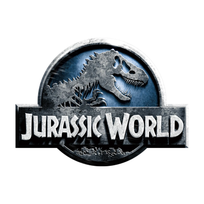 Logotipo de Jurassic World com esqueleto de dinossauro e texto metálico