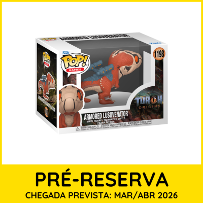 Figura de vinil Funko Pop Armored Lusovenator em caixa com detalhes laranja, azul, texto e fundo branco e amarelo