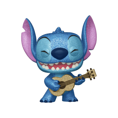 Funko Pop azul brilhante de Stitch a tocar ukulele dourado