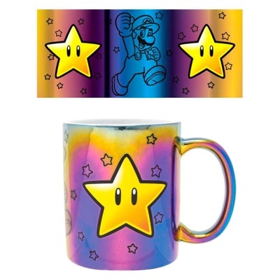 Caneca metálica holográfica com estrelas amarelas do Mario