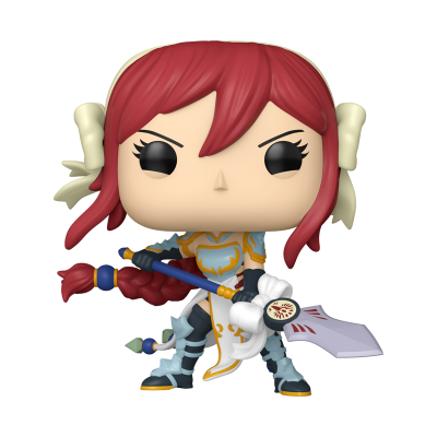 Figura Funko Pop de personagem feminina com cabelo vermelho e armadura branca e dourada segurando lança