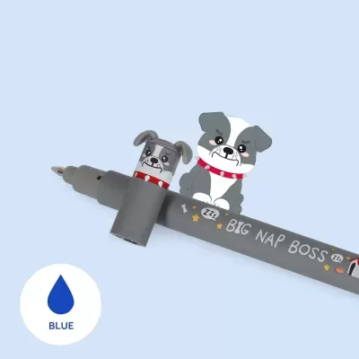 Caneta cinzenta decorada com cabeça de cão e texto BIG NAP BOSS