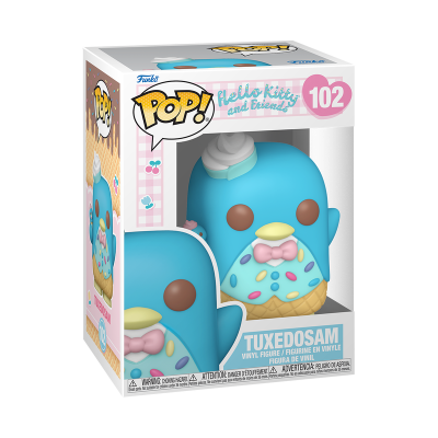 Figura Funko Pop! TUXEDOSAM azul com chapeu e roupa colorida em caixa