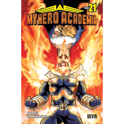 Capa do mangá My Hero Academia, volume 21, personagem com chamas