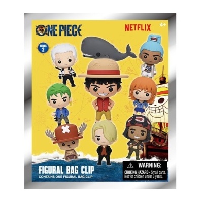 Embalagem de bonecos figurais de One Piece com fundo amarelo e texto visível.
