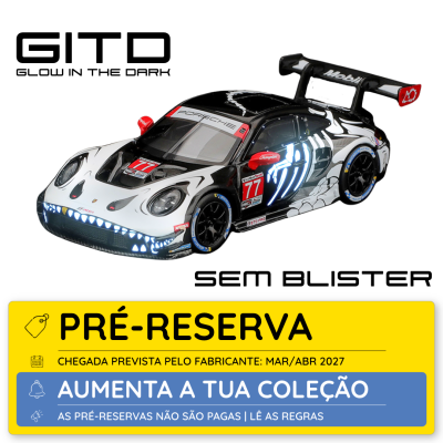Carro modelo Porsche preto e branco com luzes e texto de pré-reserva.