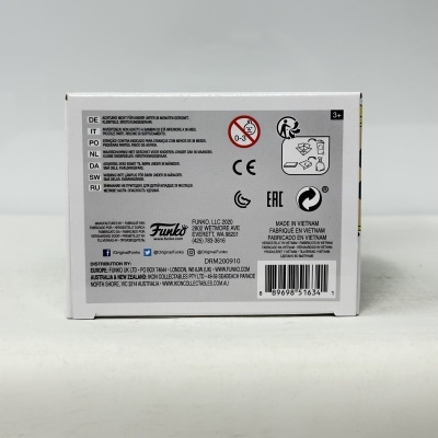 Parte traseira de embalagem branca com aviso de segurança multilíngue e logo Funko