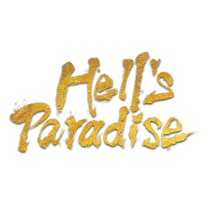 Texto decorativo dourado Hells Paradise em fundo branco