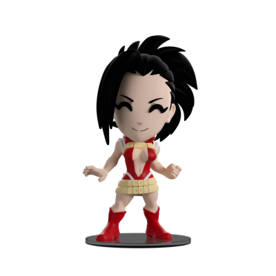 Figura de vinil estilizada com vestido vermelho e cabelo preto em base preta circular