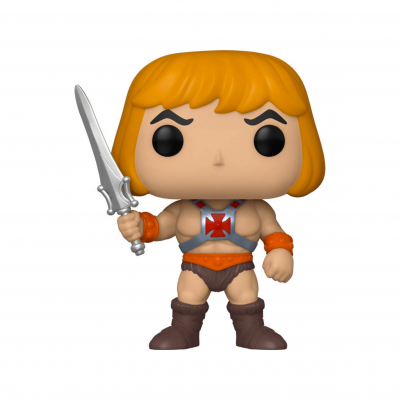 Figura colecionável He-Man estilo Funko Pop com cabelo laranja, espada e roupa característica