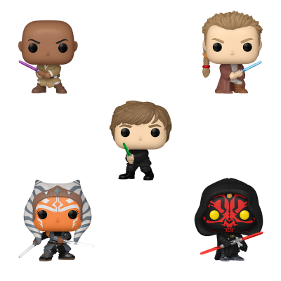 Cinco figuras colecionáveis Funko Pop de personagens de Star Wars segurando sabres de luz coloridos.