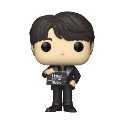 Boneco Funko Pop de personagem com cabelo preto e placa com texto