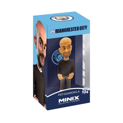 Figura colecionável Pep Guardiola Minix no estojo azul do Manchester City