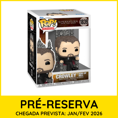 Funko Pop Crowley Supernatural número 1839 com personagem sentado em cadeira detalhada