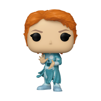 Figura Funko Pop com cabelo ruivo e fato azul claro em pose distinta